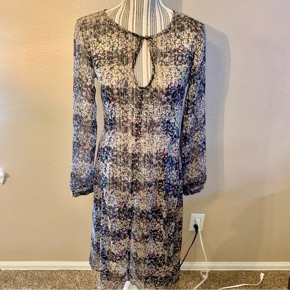 H&M Sheer Dress Sz 8 Black Boho Floral Pink Green Yellow Keyhole Opening Midi - Picture 1 of 16